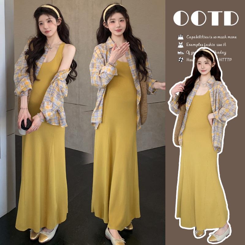 2026 Spring Korean Classic Plaid Shirt & Knit Vest Long Maternity Dress M