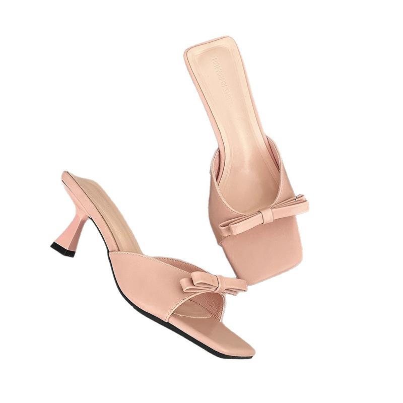 High Heels Women's Summer 2025 New French Pink Bow Sandals One-word Stiletto Square Head Outer Slippers