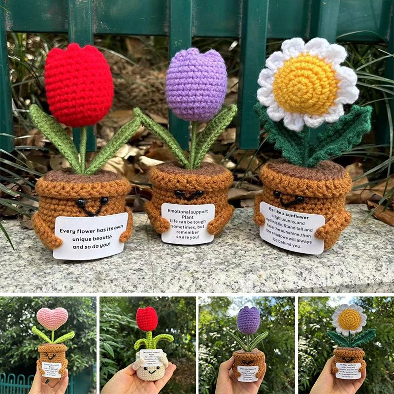 Handmade Crochet Flower Sunflower Potted Knitted Wool Ornament Auto Interior Funny Stress Relieving Decor With Positive Card
