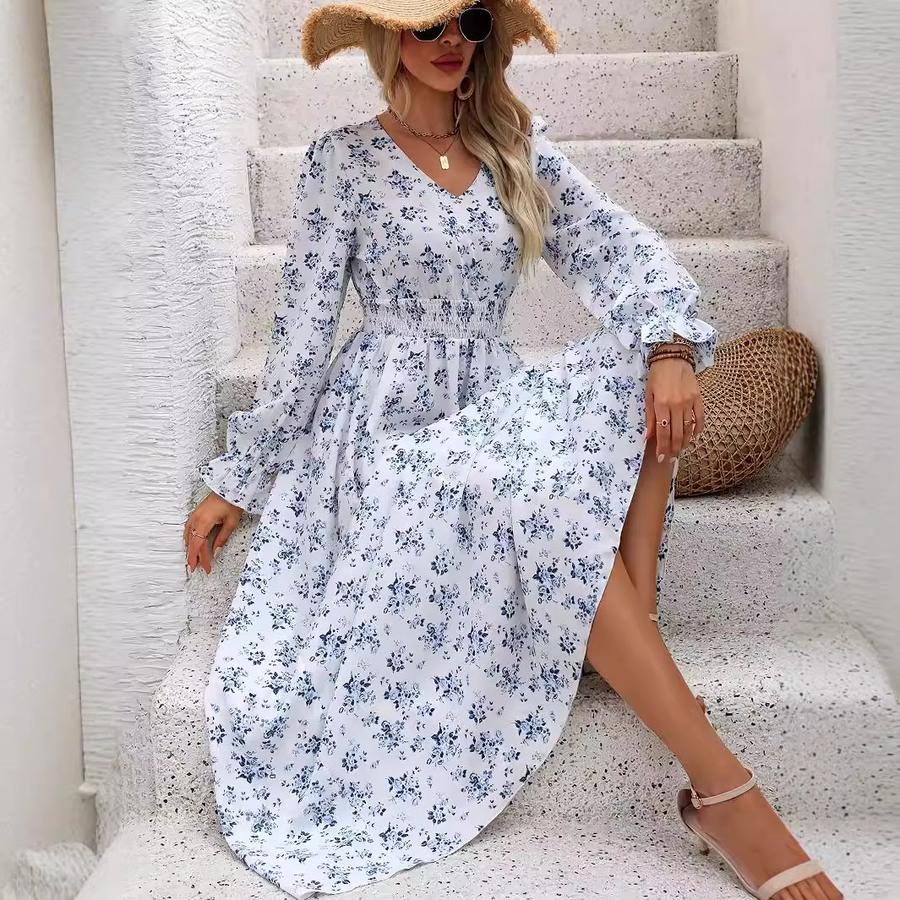 Autumn Sale Women's Printed V-Neck Long Sleeve Maxi Dress