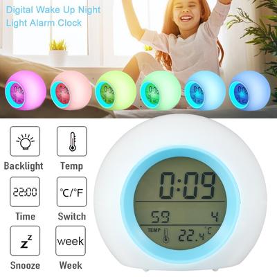 Kids Alarm Clock 12/24H LED Digital Clock 7 Color Changing Night Light with Indoor Temperature Children Bedroom Bedside Clock