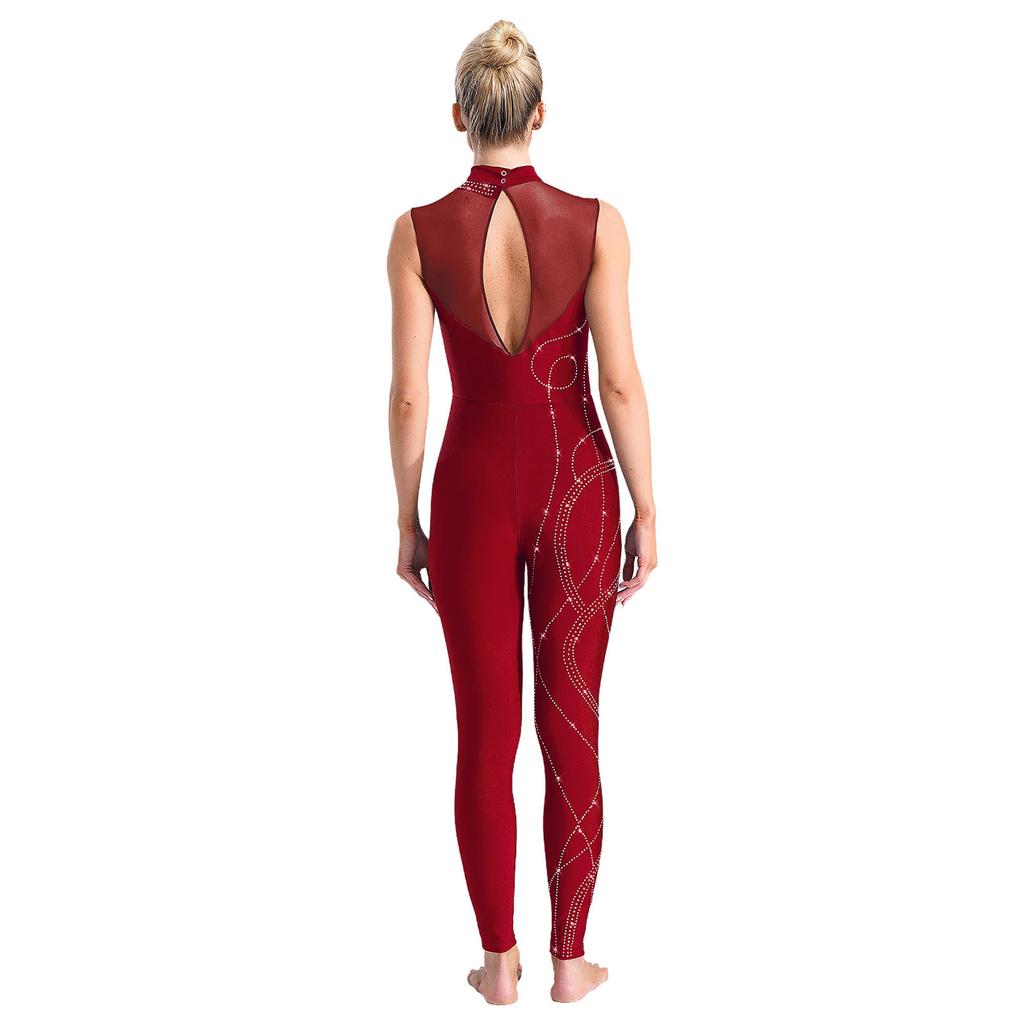 Damen Glänzende Strasssteine Gymnastik-Body Stehkragen Ärmelloses Design Schlüssellochrücken Durchsichtiges Mesh-Patchwork-Outfit