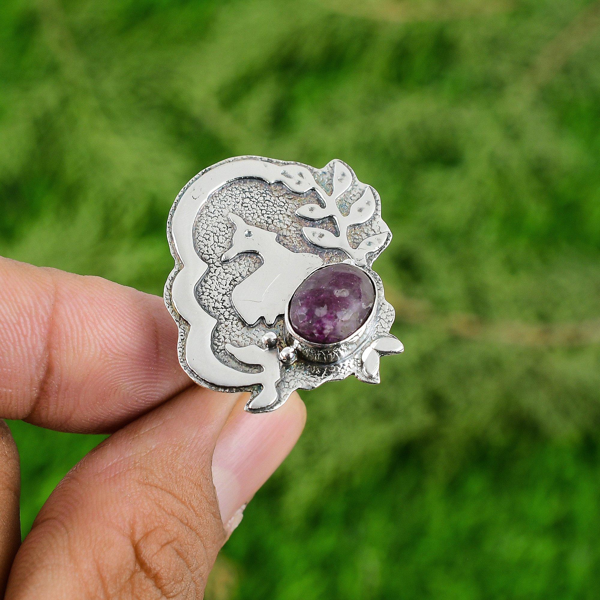 

925 Sterling Silver Natural Thulite Bezel Stackable Daughter Ethnic Ring Jewelry Adjustable