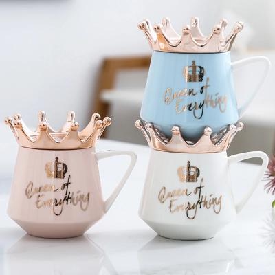Creative Crown Mug,Multi Color Mugs with Spoon Lid Coffee Milk Cup Cute Ceramic Mug 300ml Capacity Water Cups X-Mas Gift