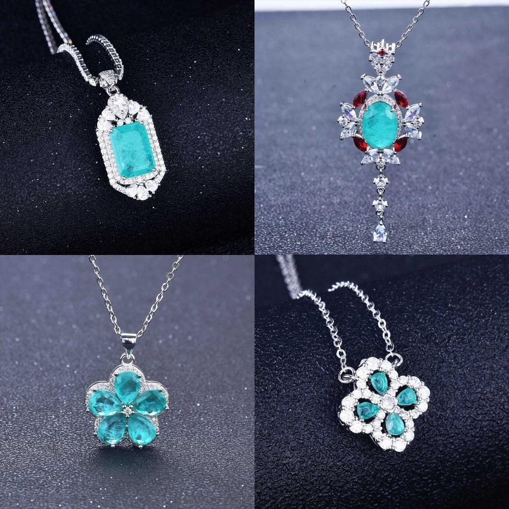 Paraiba Color Gemstone Pendant Necklace Micro Paved Diamond Teardrop Clover Flower Necklace for Women