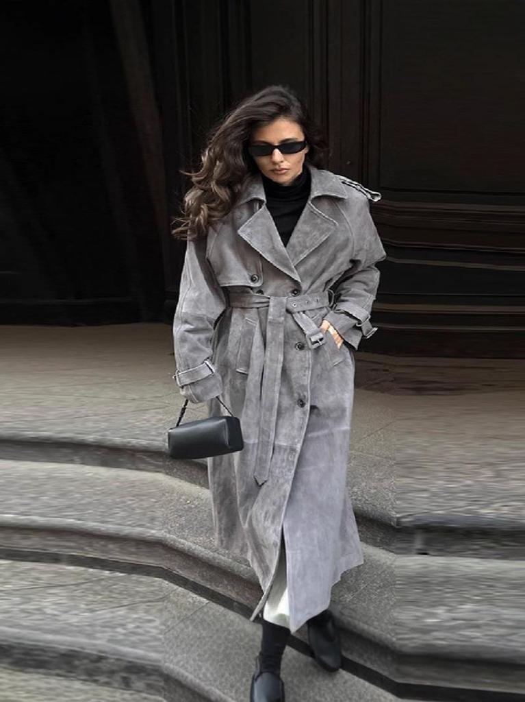 2025 Women's Grey Woolen Lace-up Mid-length Coat for Autumn/Winter