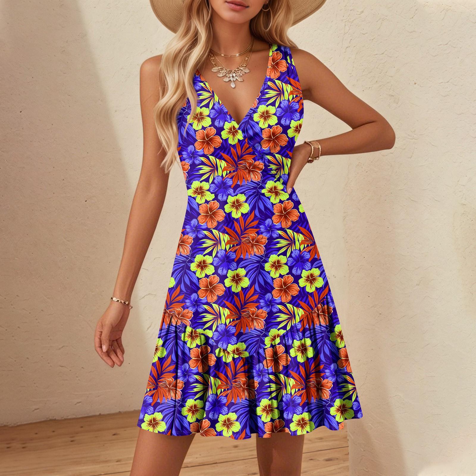 

Women s V-Neck Waisted Floral Print Sleeveless Hem Spliced Dresses L