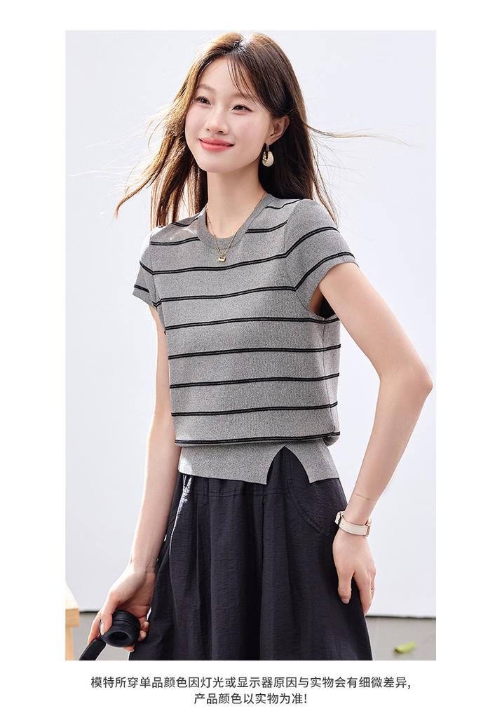 2026 Summer New Women's Striped Knitted Shirt Casual Soft Skin friendly Knitted T-shirt Short sleeved T-shirt