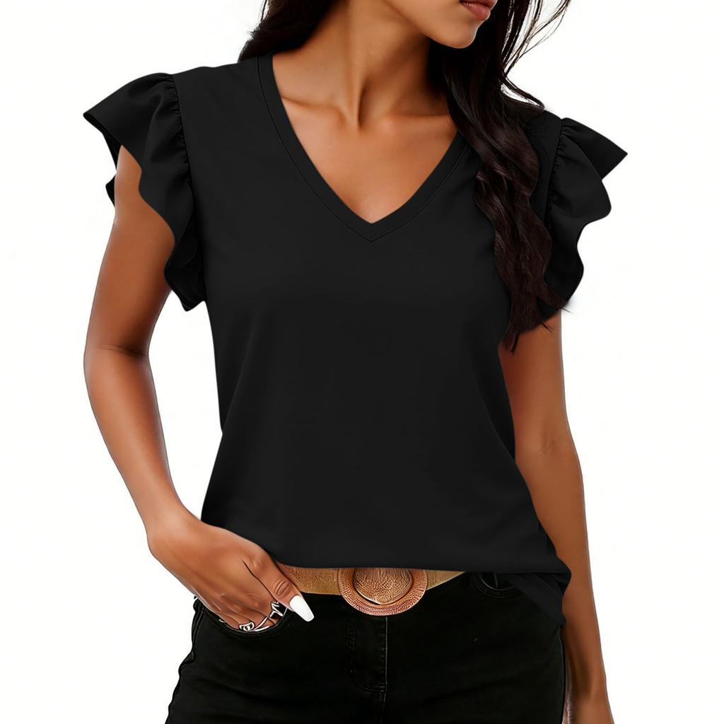 Women Fashion Casual Solid Color Ruffle Sleeve V Neck Short Sleeve Top Lightweight Comfortable Summer Shirt for Daily Wear
