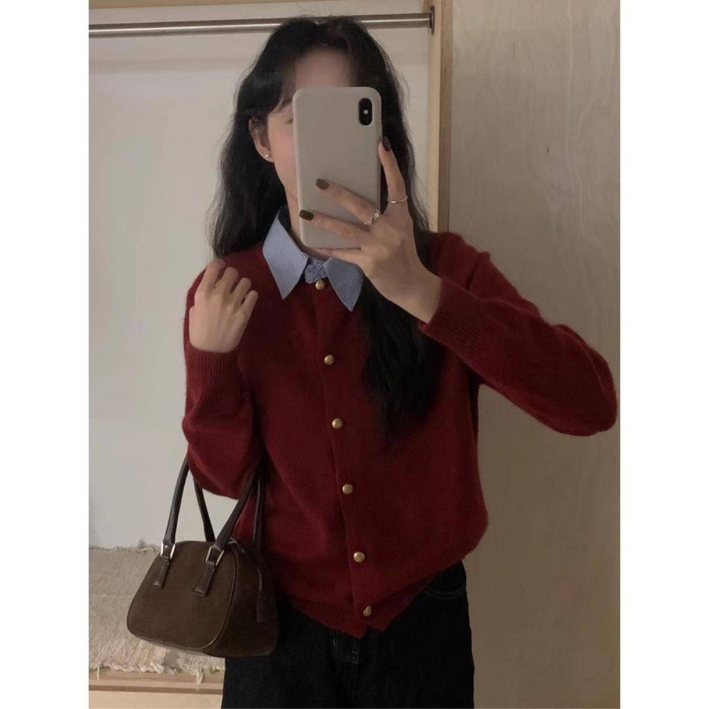 Korean version of gentle wind and thin temperament sweater jacket women's autumn and winter design shirt collar splicing knitted cardigan women