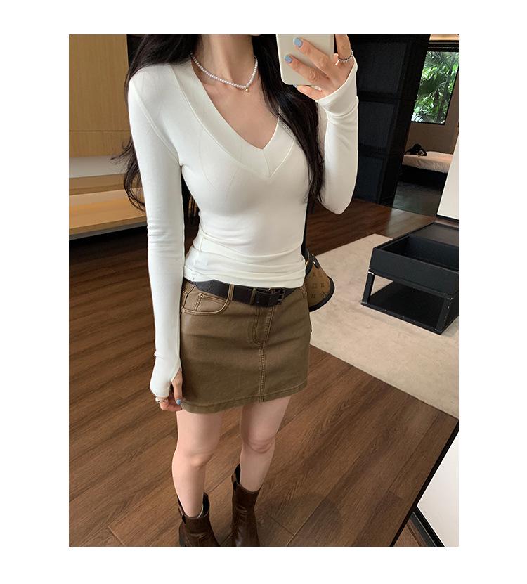Melanoid V-Neck Coffee T-shirt: Women's Slimming Long Sleeve Base Layer for Autumn/Winter