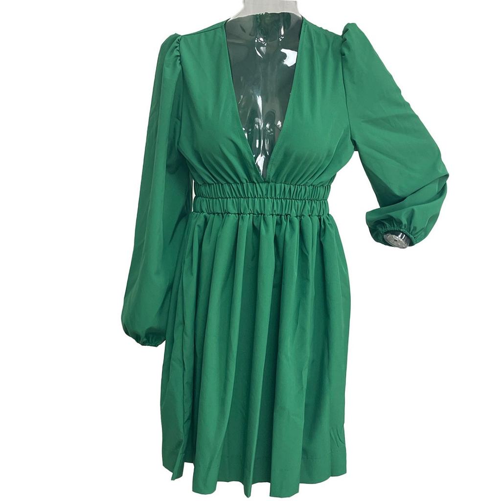 European & American Fashion V-Neck Slim Waist A-Line Pleated Long Sleeve Dress for Women