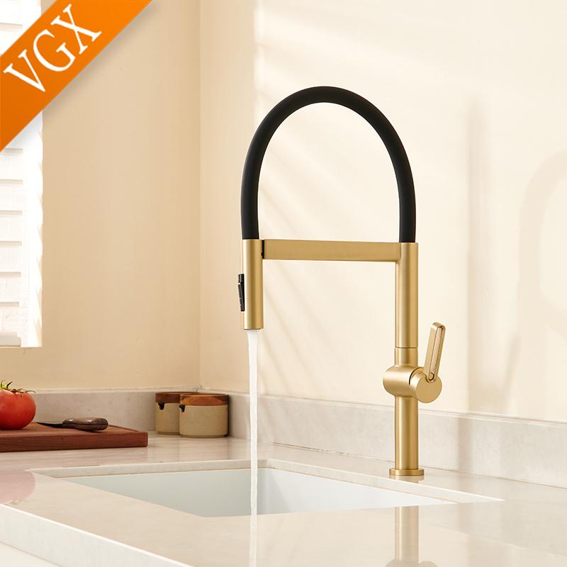 VGX Kitchen Faucet Sink Faucets Rubber Pull Down Stream Sprayer Taps Rotatable Kitchen Mixer Water Tap Hot Cold Crane Brass Gold