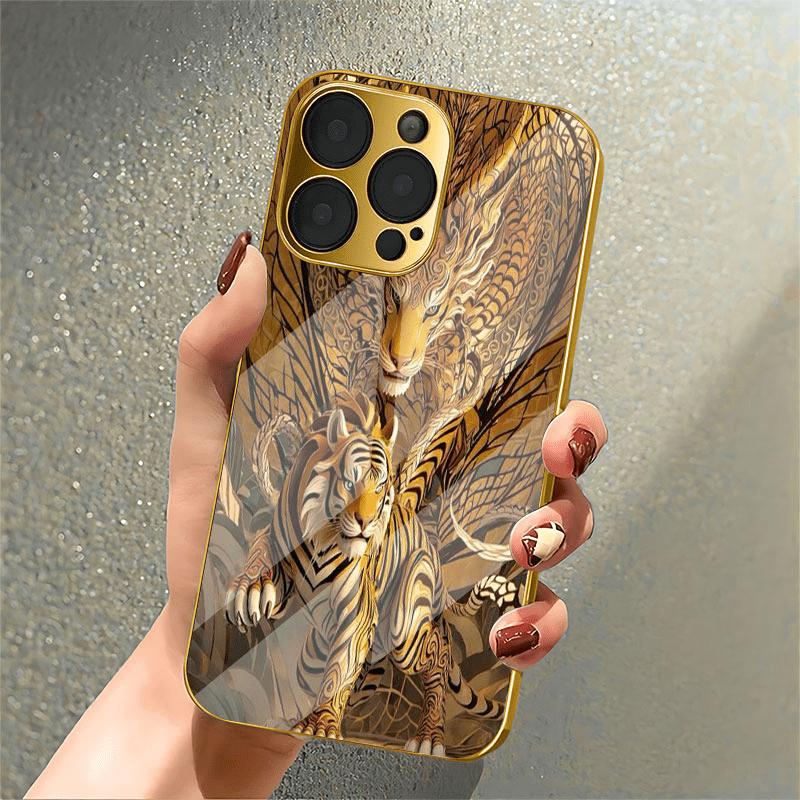 New gold-plated electroplated glass phone case with tiger pattern suitable for iPhone 17 16 15 14 13 12 11