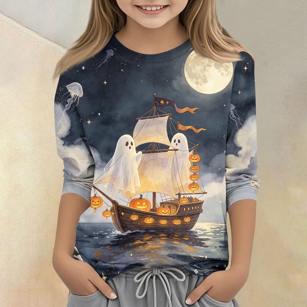 Kids Halloween Printed Round Neck 3/4 Sleeve Casual T-Shirt Top Comfortable Fit Lightweight Soft Fabric Suitable for Boys Girls