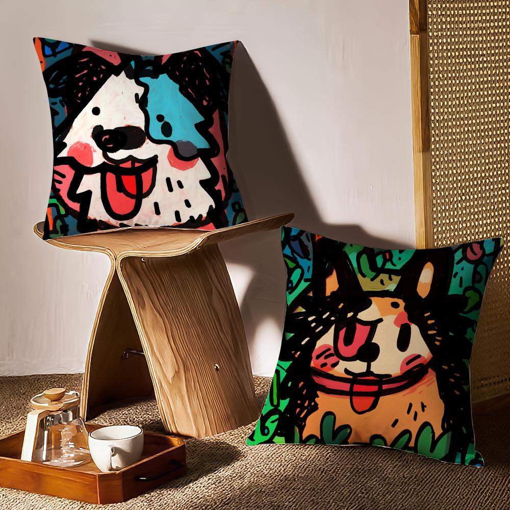 Cute Color Dogs Cushion Cover Anti-dustmite Pillowcase Invisible Zipper Silky Short Plush Sofa Cushion Cover