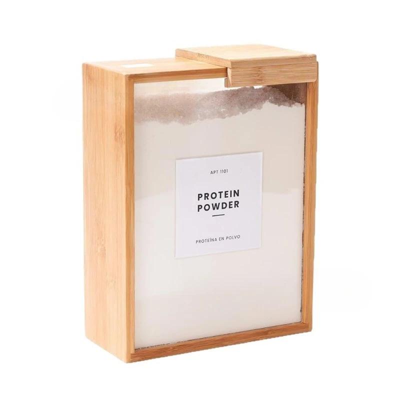 Bamboo Wooden Grain Storage Box Airtight Square Kitchen Pantry Organizer Transparent Food Container for Rice Cereal Dry Goods