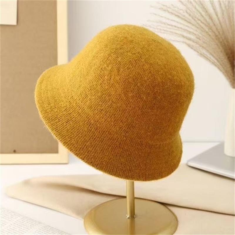 Wool blended bucket hat women's autumn and winter thermal basin hat knitted big face small face hat straight bucket hat women