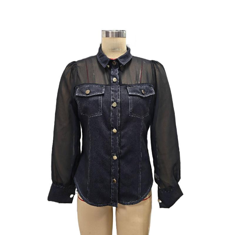 Spring New Women's Fashion Casual Faux Denim Patchwork Chiffon Long-sleeve Top