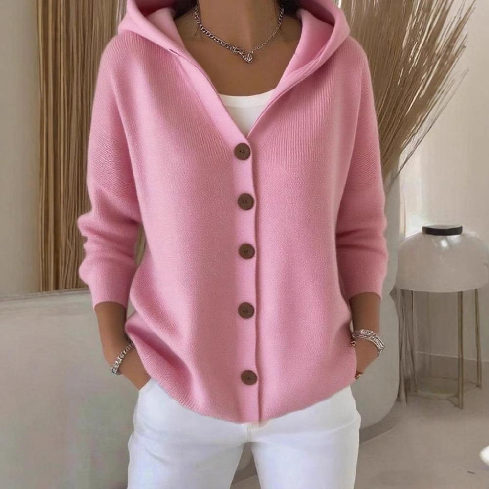 Button-knitted Hooded Sweater Cardigan, New Solid-color Casual and Fashionable Women's Wear for Autumn and Winter