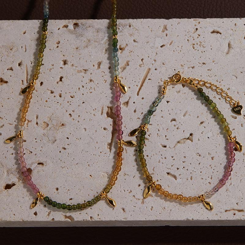 Xiaohongshu Natural Color Treasure Tourmaline Necklace Women'S S925 Sterling Silver Handmade Beaded Collarbone Chain