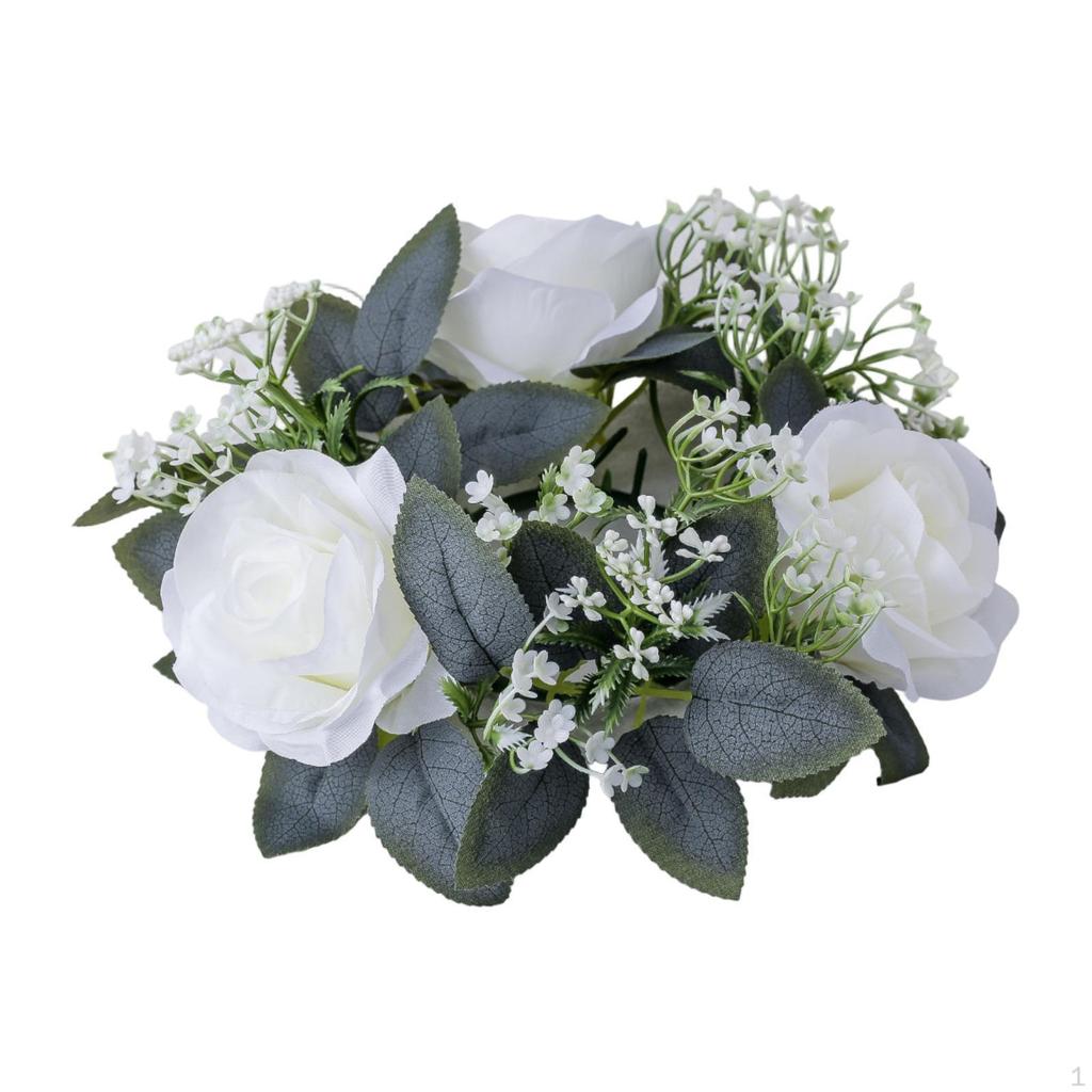 Anello portacandele floreale artificiale piccolo per tavolo Giorno di San Valentino Ringraziamento Bianco
