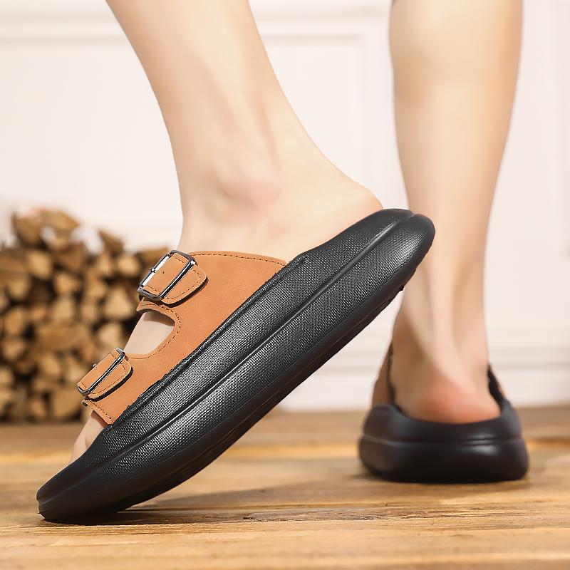 Fashion Men's Microfiber Leather Slippers for External Wear Anti Slip and Cool Slippers Men's Double Button Flat Drag Beach Shoes