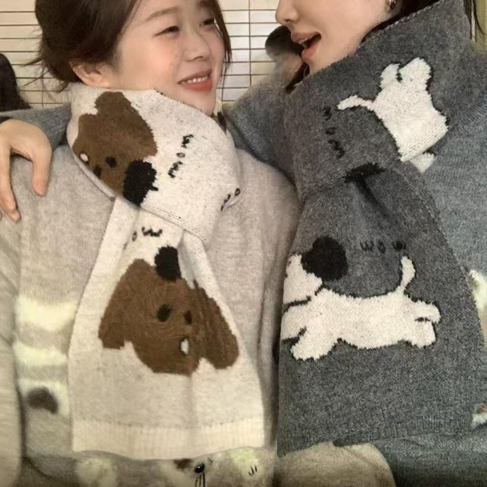 Lightweight Puppy Pattern Scarf Korean Style Knitted Shawl Trendy Cashmere Blend Scarf Unisex