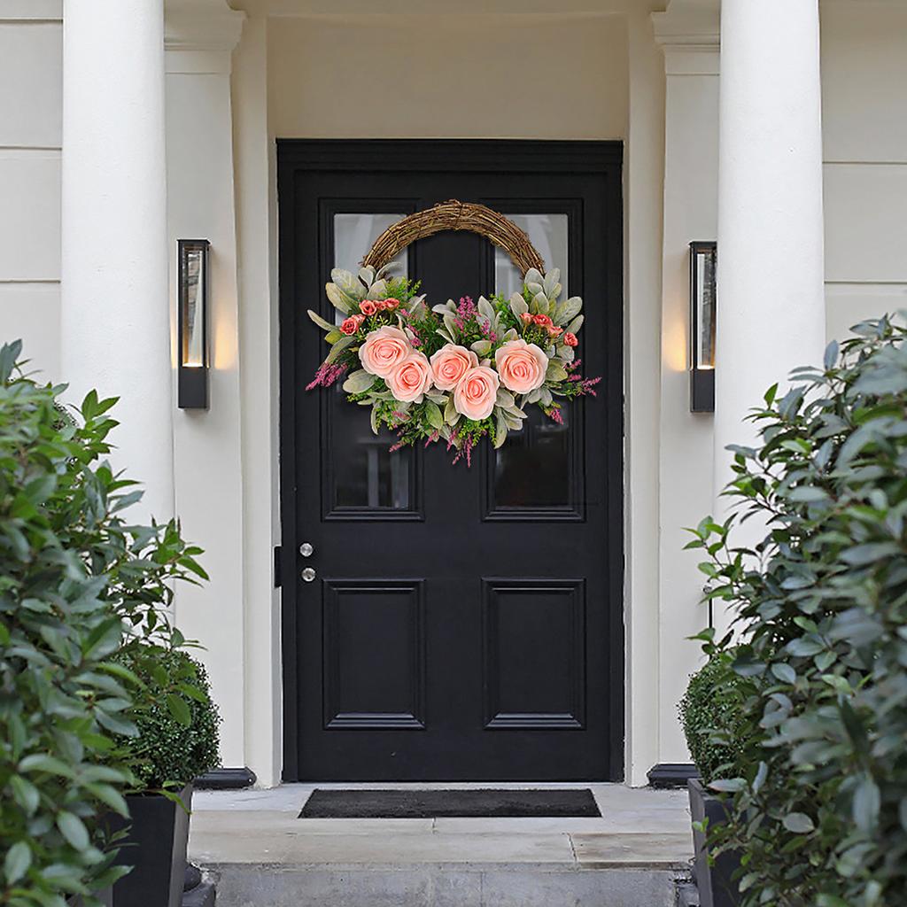 40cm Spring Wreath with Rabbit Ears & Fake Roses Plastic Vine Wall Decor for Home