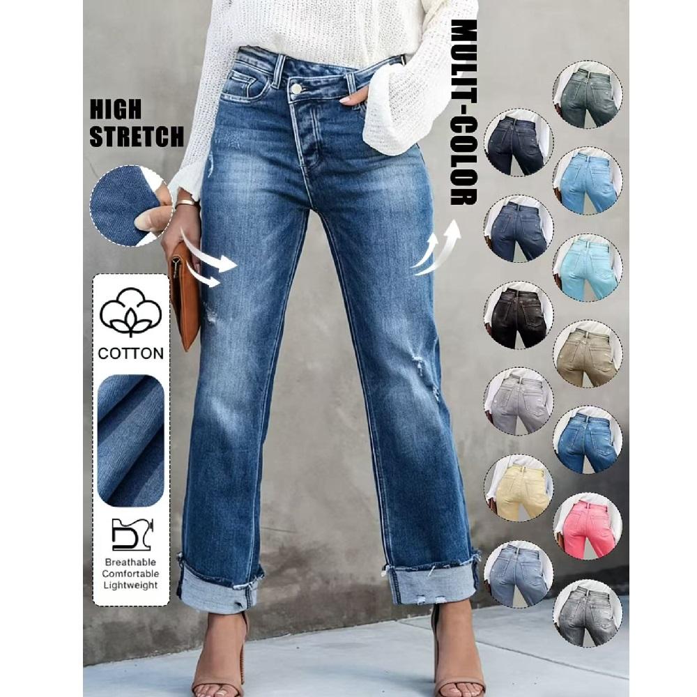 High Waist Stretch Denim Jeans for Women Solid Color Slim Straight Pants Pantalones De Mujer