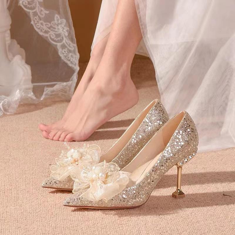 Sexy High Heels Women's Thin Heels Spring and Autumn New Temperament Socialite Bow Pointed Single Shoes Women's Flower Wedding Shoes