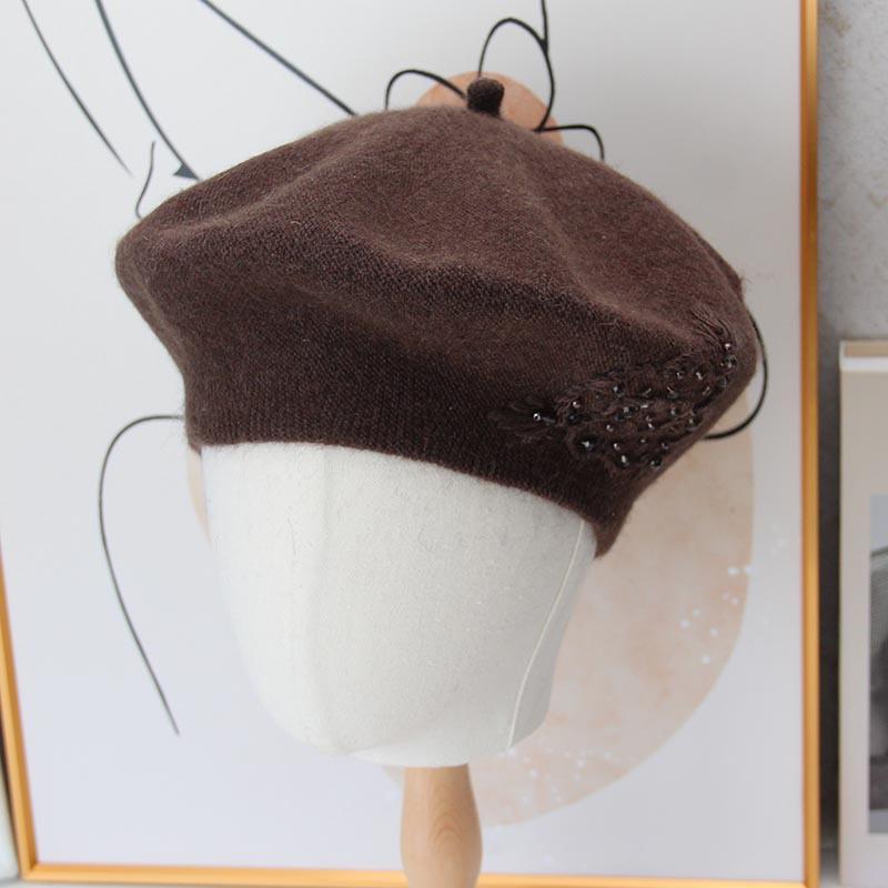 Handmade Beaded Flower Beret Women's Autumn and Winter Rabbit Cashmere Double-layer Knitted Hat Fashionable and Elegant Warm Temperament Thread Hat