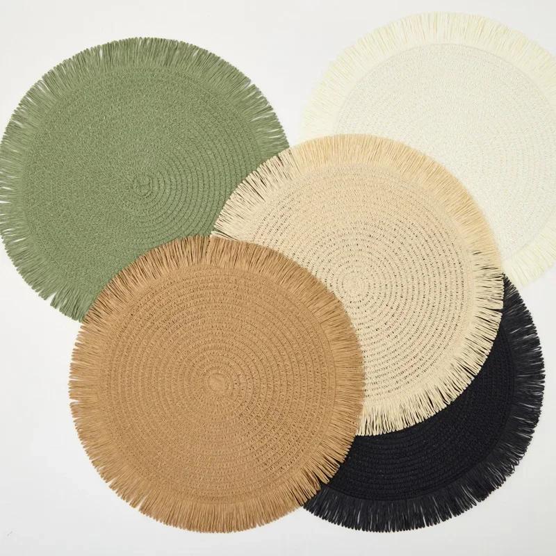 38cm Round Braided Placemat Fringe Paper Table Mat Hand Woven Non-slip Insulation Place Mat Tea Cup Pad Dining Table Decoration