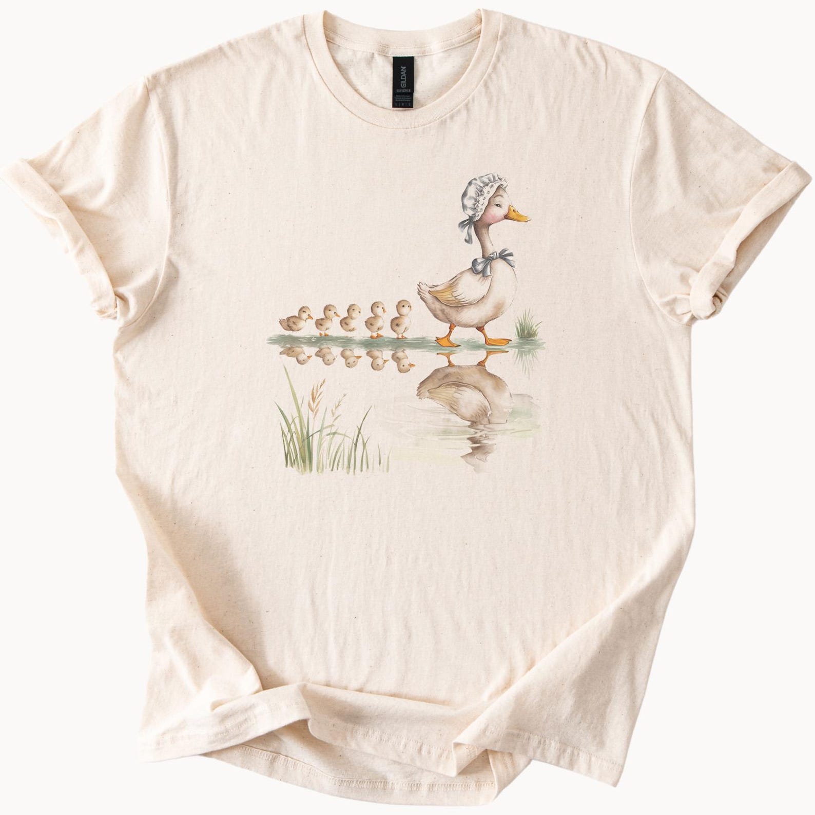 Mother Duck and Ducklings Walking by Pond Cute Farm Animal Graphic Watercolor Duck Family Shirt Nature Lover Gift Tee 130