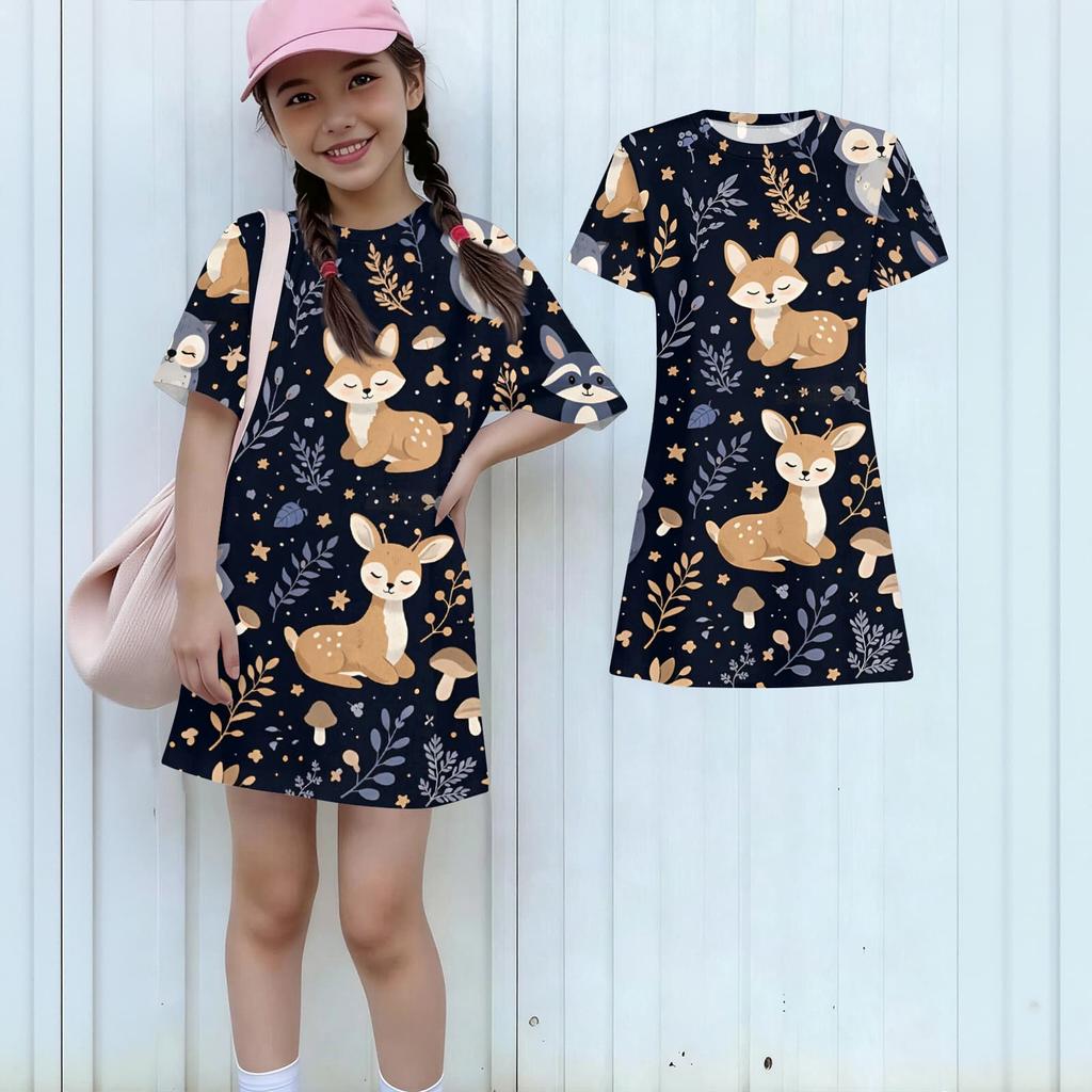 Girls Print Casual Dress Kids Loose Round Neck Short Sleeve Thin Sundress