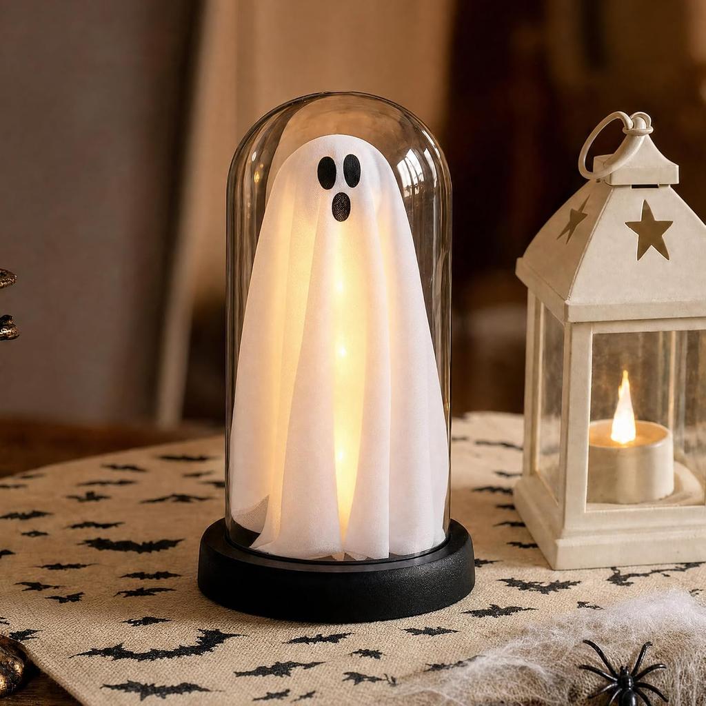 Light Up Ghost in Glass Cloche - Halloween Decorations Indoor with LED Glowing Spooky Figurine Tabletop Centerpiece for Home Party Charming Ghost Gif