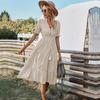 Women Summer Casual V Neck Striped Short Sleeve Button Dress Medium Long With Tassel