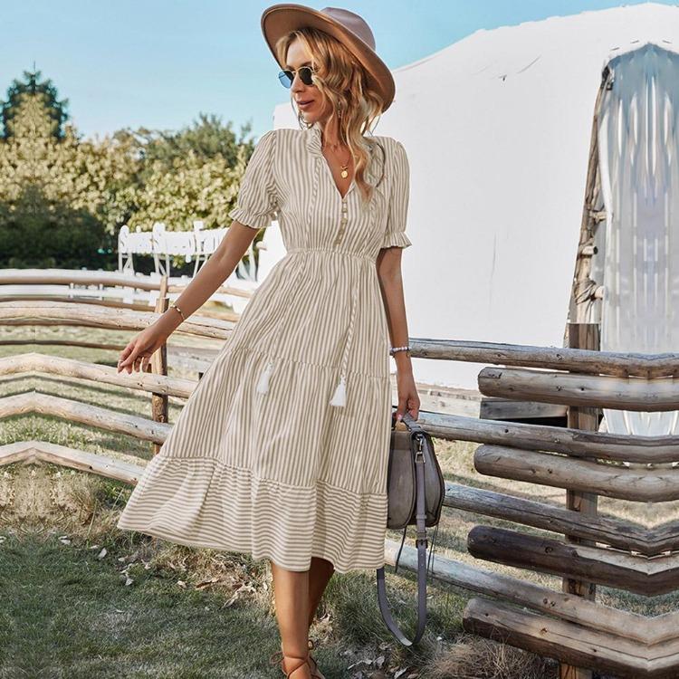 Women Summer Casual V Neck Striped Short Sleeve Button Dress Medium Long With Tassel