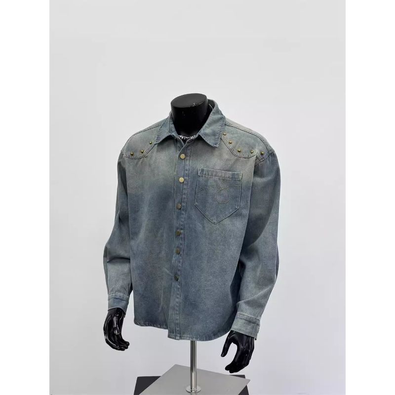 Весна Новый Американский Модный Бренд Воротник Ретро Заклепки Джинсовая Рубашка Красивая Куртка Синяя Подарок для Мужчин S