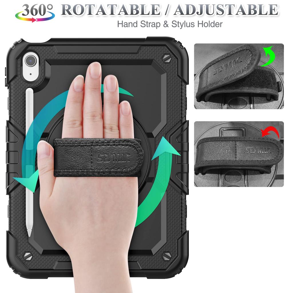 SEYMAC Stock iPad Generation Dedicated Pen Front Cover with Screen Rotating Hand Shoulder Strap (A16) 11th/10th Case, Shockproof, Holder, Protector,