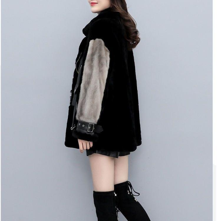 Damen Stilvoller Lockerer Gespleißter Kunstpelzmantel Kurze Lederjacke Warme Winteroberbekleidung