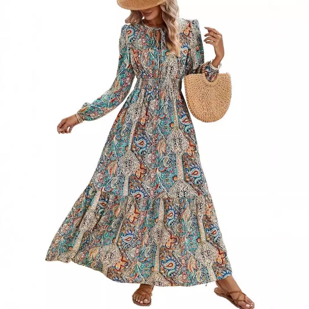 Autumn New Women's Long-sleeved Versatile Printed Lotus Leaf Edge Dress