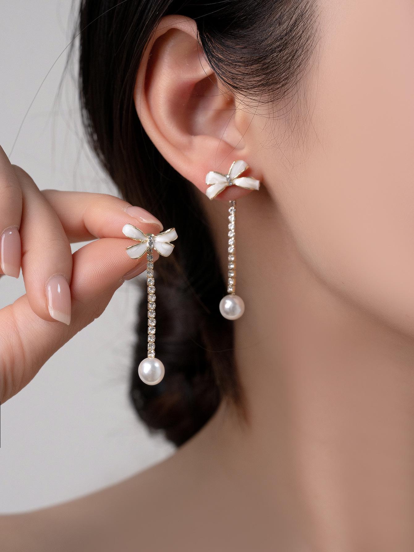 Retro Pearl Tassel Bow Stud Drop Earrings - Sweet, Versatile, Fashionable Accessories