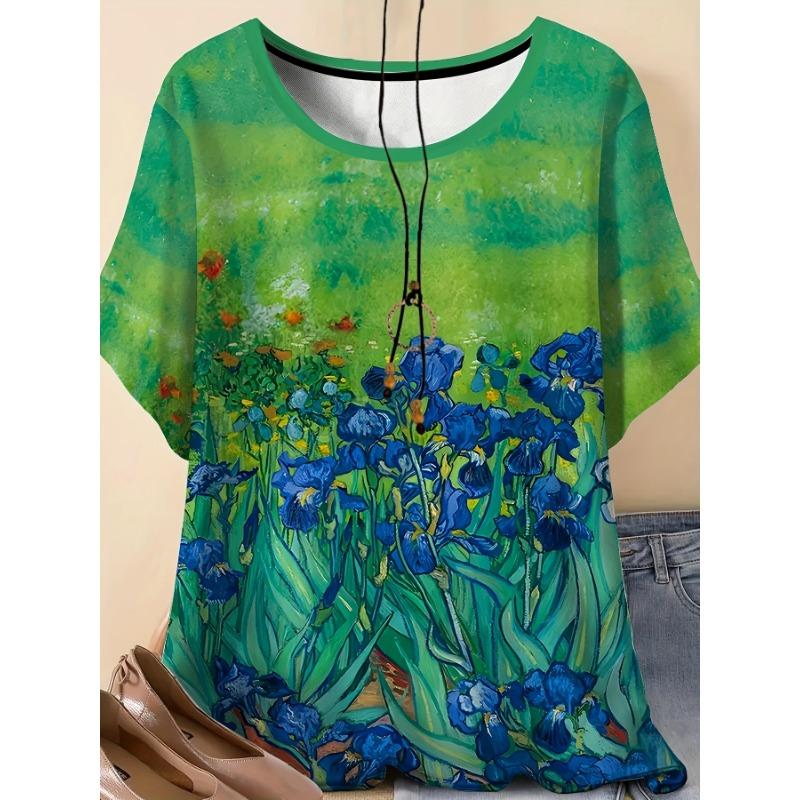 

Casual Elegant Style Oil Painting Style Blue Flower Element 3D Printing Pattern Women s Round Neck Large Size Short-sleeved T-shirt Clothing S