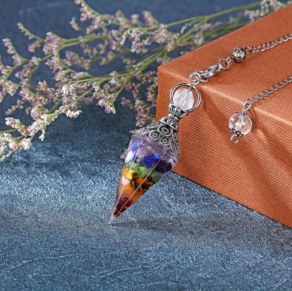 Antique Silver Seven Chakra Crystal Resin Pendulum with Semi-Precious Chips Pendant