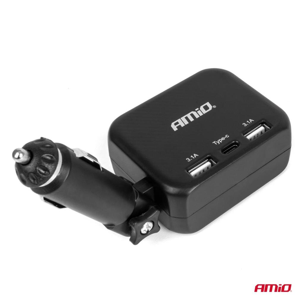 Adattatore presa accendisigari con caricatore 2x USB-A 1x USB-C 12V 24V 100W 180° AMIO-04357