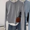 Spring New Round Neck Contrasting Fake Two Pieces Pleated and Thin Irregular Long Sleeves Women Small Age Reduction Trendy Cool