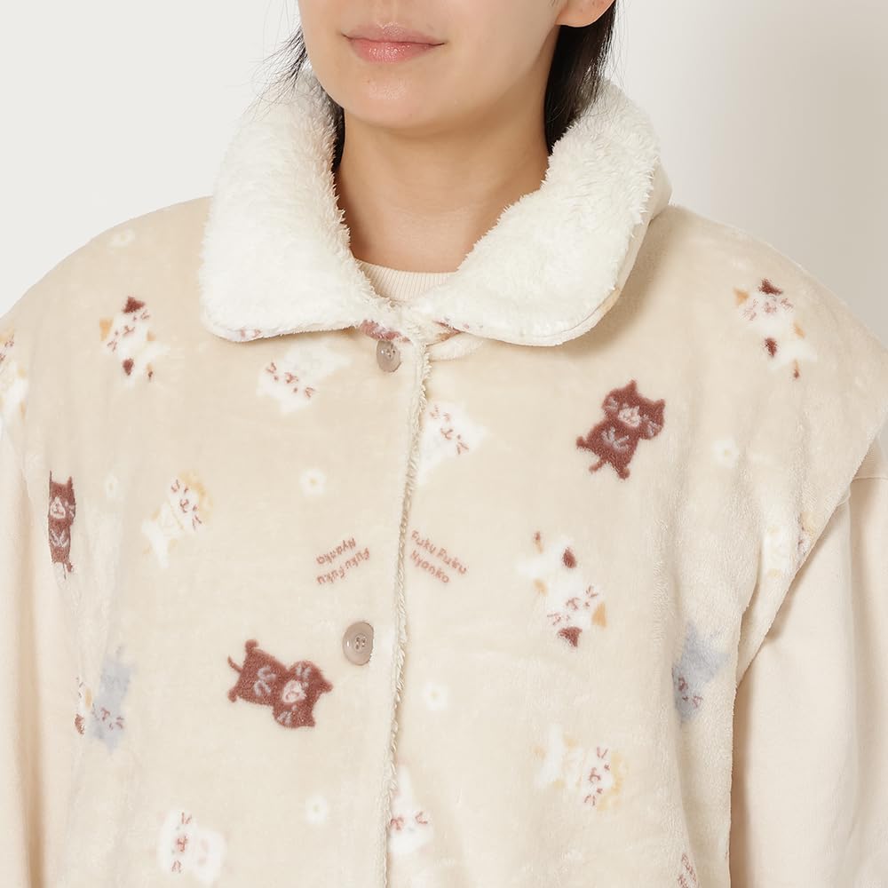 FUKU FUKU NYANKO Flannel Loose Comfortable Sizes Cat Fluffy Happins Vest, Sleeveless, Collared, Warm, Fit, Loungewear, M-L, Design, Beige, Pink, Cute,