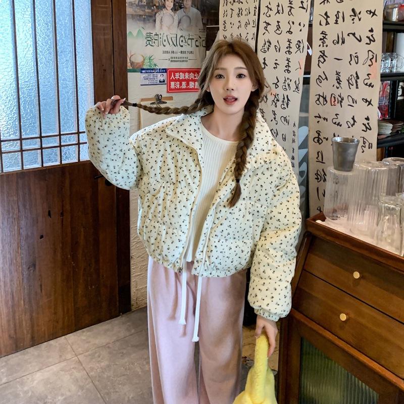 New floral padded jacket female winter student short small thickened loose padded jacket