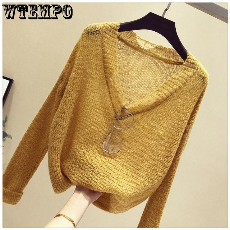 Spring Women's Sweater Long Sleeve Loose Knit Women's Thin Slouchy Sweater Hollow Top